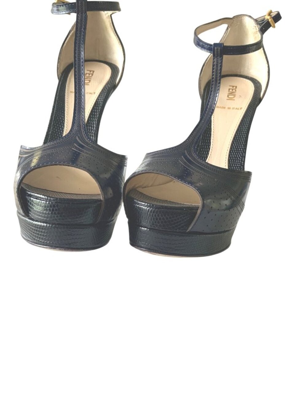 Fendi Navy & black Leather Perforated T-Strap Platform Heels Size 36 Made In Ita - Picture 7 of 11